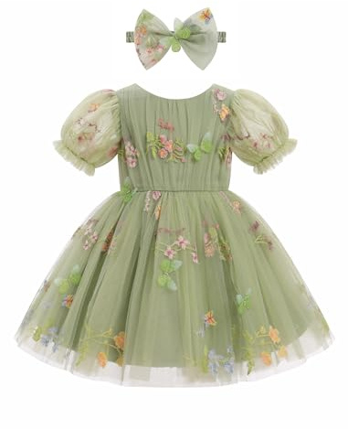 FYMNSI Baby Girl Dress Infant Toddler Kids Butterfly Short Sleeve Back V-Neck Bowknot Rainbow Tulle Tutu Princess Dresses for Birthday Party Wedding Easter Pageant Holiday Baptism Green 12-18 Months