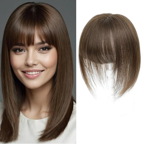 Lasunork Postiches pour femmes avec cheveux humains à franges - Base suisse tissée à la main - Postiche (Châtain moyen)