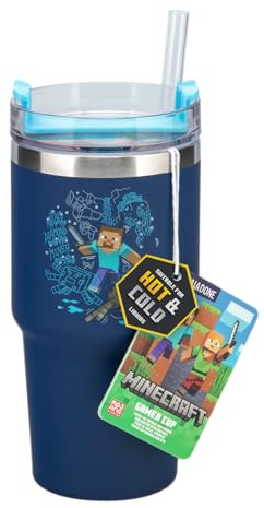 Paladone Minecraft Gamer-Thermobecher mit Trinkhalm, wärmegedämmt, offiziell lizenzierte Wasserflasche für heiße und kalte Getränke, Tee, Kaffee, Geschenk für Jungen, 600 ml, Blau