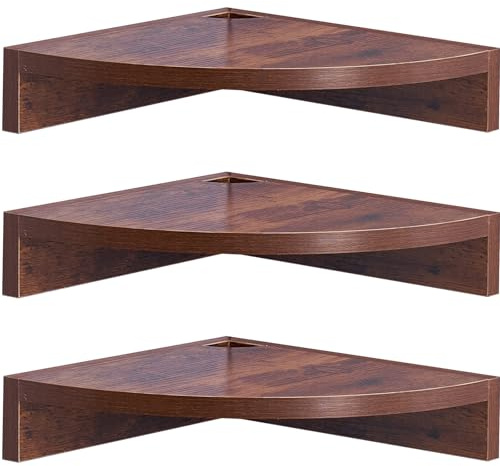 Conamily Corner Shelves Wall Mount,set of 3 Brown Rustic Natural Wood Floating Corner Shelves with Wire Hole Hanging Corner Display Shelf for Living Room Kitchen Bedroom