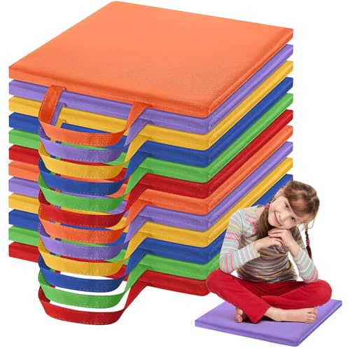 YFNVH 12 Pack Kids Floor Cushions, 30 x 30 x 2.5 cm Waterproof Classroom Seating with Handles, Soft PU Leather Square Floor Pillows for Schools, Nurseries, Playgroups & Reading Corners – 6 Colours