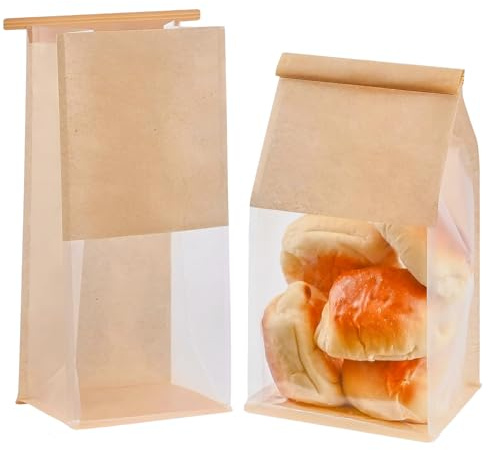 30Pcs Kraft Paper Bread Bags with Window,13 * 28+10cm Bakery Bags for Toast Homemade Bread with Ties,Oil proof,Food Storage Pouches Home Baking(Brown)