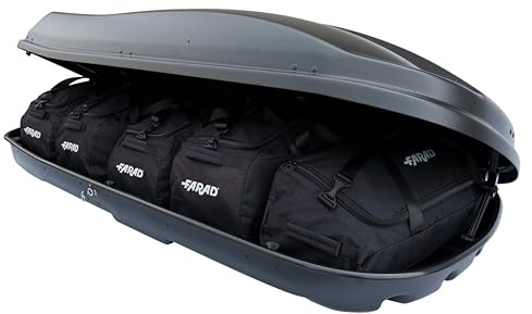 Farad Dachbox Marlin 680L Schwarz mit Reisetaschen, TÜV-GS-Zulassung, 5 Jahre Garantie - Zentralverriegelung an 3 Punkten mit Sicherheitsschlüsseln - UV-beständig