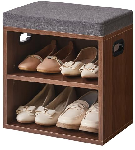 YMYNY Liten skobänk med sits, 42 x 39 x 28 cm, ljus valnöt HBD028LW | Skoskåp med sittbänk, skohylla litet av trä med sittbänk och förvaringsutrymme för entré, hall, sovrum