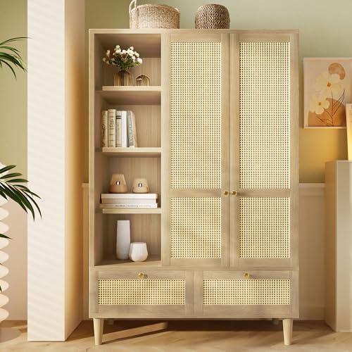 Terahanda Armadio guardaroba con 2 ante e intreccio in rattan, stile country effetto rovere, ripiano aperto, ripiani, appendiabiti, 2 cassetti, dispositivo antiribaltamento (180x120x50 cm)
