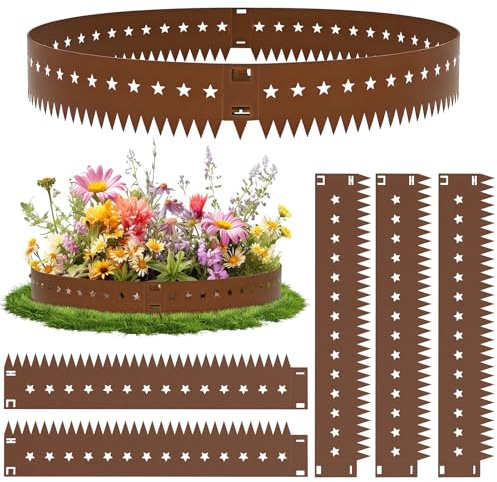 Bordura Corten per Giardino in Metallo,5 Pezzi 5.37m Bordo Aiuole,Alta 15cm Bordo Giardino Flessibile,Stile Stellare Bordura Aiuola,Bordatura per Prato, Piante, Orto, Cordolo