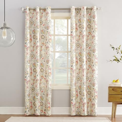 Sun Zero Jorah Botanical Print Thermal Insulated Energy Efficient Grommet Curtain Panel, 40 x 63, Linen