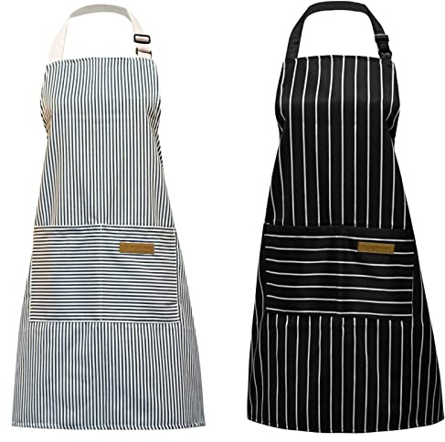 Pinsheng 2-pack randigt bomullsförkläde, professionella kockförkläde unisex justerbart förkläde med fickor för matlagning bakning målning kök restaurang trädgård (svart + blå), Svart, L