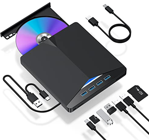 Lecteur CD/DVD externe pour ordinateur portable, 7 en 1 USB 3.0, graveur de CD/DVD, lecteur CD ROM externe DVD pour ordinateur portable compatible avec PC de bureau Windows 11/10/8/7 Linux Mac OS