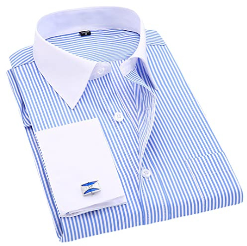 Rayé pour Homme Boutons de manchette French Casual Dress Shirts Manches Longues Col Blanc Design Mariage Smoking Shirt FS11 Bleu Clair Asiatique Taille 2XL