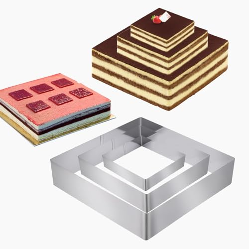 Lnjya Tortenring 3 Stück, Tortenring Set Ø 10/15/20 cm Kuchenring Edelstahl Quadratisch Backform Backformen Hoch 4,5cm DIY für Gebäck Moussekuchen