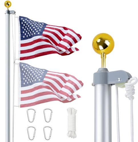 iElyiEsy Flag Poles for Outside House, 20ft Flagpole Aluminum high hardness Sectional Flag Pole Kit with 3x5 American Flag & Gold Ball Topper for Yard House Ground Residential Commercial (20 FT)