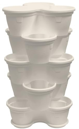 Engelland 5X Blumentopf, Säulentopf, Pflanzturm, Hochbeet, Pflanztopf-Kübel mit Untersetzer, stapelbar, widerstandsfähig, Kunststoff, für Außenbereich, 55 Liter, Farbe: Sand-Beige