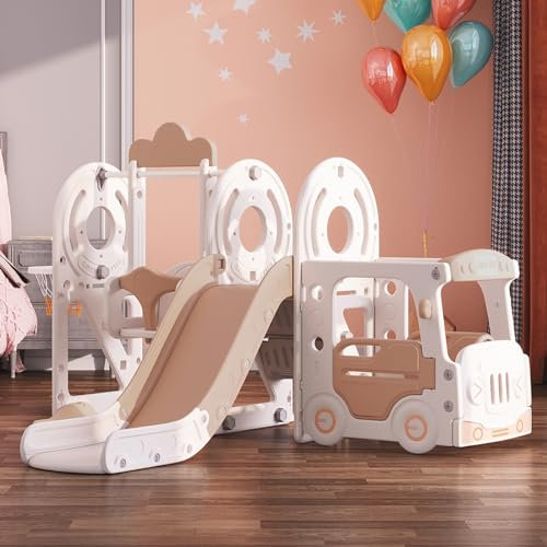 FUKEA Kids Bus Slide, Large Swing and Slide Set with Climbing Frame Basketball Hoop for Toddlers Age 1-3, Baby Swing Slide Indoor Outdoor Use, Garden Slides(Beige Coffee with Swing)