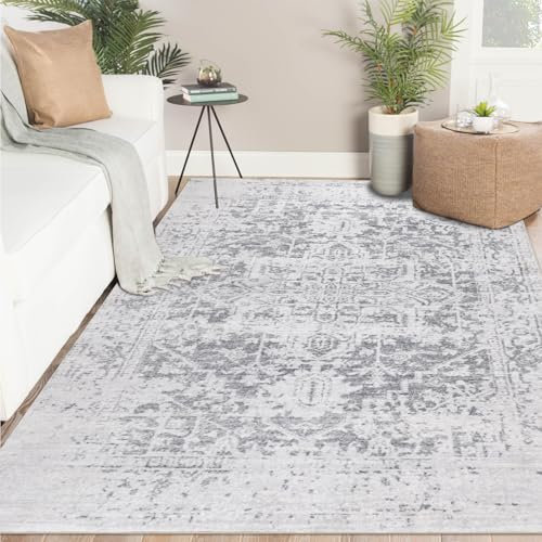 Famibay Rugs Living Room Large 160x230cm Washable Rug Grey Vintage Area Rug Short Pile Non Slip Boho Thin Carpet for Living Room Bedroom Dining Room Office