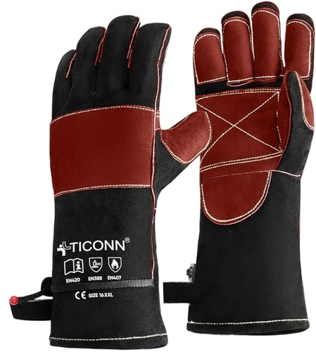 TICONN 16 Inch Welding Gloves, 1000°F Heat-Resistant Fireproof Leather Gloves for Welders, Stick, Forge, Mig, Tig, BBQ, Baking, Oven (Black/Red, XXL)