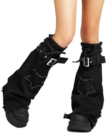 RUIXIA Jambières en Jean pour Femmes Jambières Style Punk Guêtre Femms Longues Évasées Chaussettes Longues Y2K Couvre-bottes pour Femmes