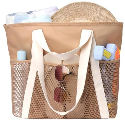 Mabecol Borsa Mare Grande Donna in Nylon Impermeabile - Borsa da Spiaggia Impermeabile con Rete Tasche, Tote Bag Capiente con Cerniera per Spiaggia, Viaggi e Piscina (Marrone)