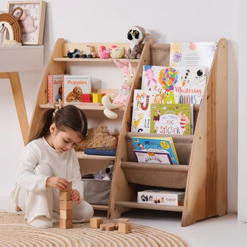 Goodevas Kinderbuchregal – Stylische Holz-Bücherregale für Kinder Einzigartig Design, sicherer und funktionaler Spielzeugorganisator für Schlafzimmer, Spielzimmer und Kinderzimmer (Beige, Middle)