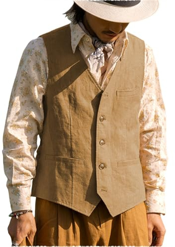 Garqia Clyon Vintage Men's Linen Lightweight Vest Casual Cotton Linen Blend Classic Design Groomsmen Waistcoat Summer (Brown,4XL)