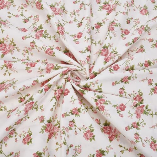 PLIGREAT 1m/1.1 Yard Print Floral Cotton Fabric, 1.6m Wide White Rose Flowers Pattern Precuts Fabric Quilting Accessories for Craft Patchwork Sewing Home Decor