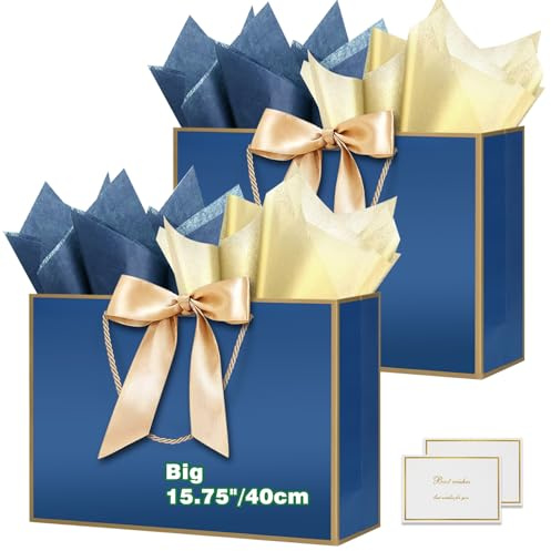 HONTIUS 15.75 Bolsa Regalo Grande, 2 Piezas Bolsas de Regalo con Papel de Pañuelos de Papel y Tarjetas, 40 * 30 * 12.5cm Bolsa Regalo XXL Gift Bags Maxi para Cumpleaños Fiestas Celebraciones Boda F