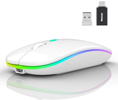 Wowssyo Mouse senza fili, 2,4 GHz, USB, mouse Bluetooth, 1600 DPI, tracciamento ottico, ricaricabile a LED, doppia modalità per laptop, PC, iOS, Android, iPad, Windows, bianco