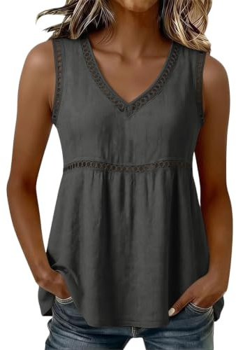 Genérico Camiseta sin Mangas para Mujer de Verano 2026 Elegante Holgada Cuello en V Camiseta Tirantes con Encaje Perforado Para Mujer Tiempo Libre Camisa Lino Tallas Grandes Informal Color Sólido