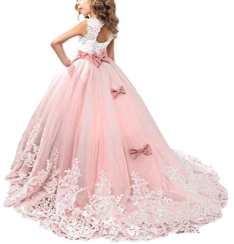 FYMNSI Vestito da Prima Comunione per Bambini Ragazza di Fiori Maxi Abito Lungo Tulle Vintage Pizzo Principessa Senza Maniche Abito da Cerimonia Formale Nuziale Damigella d'Onore Rosa 10-11 Anni