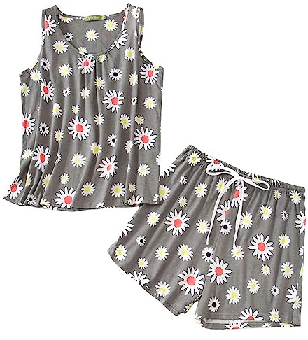 ENJOYNIGHT Pigiama corto da donna estivo, set pigiama senza maniche con top e shorts, biancheria da notte per donne in cotone, tuta da casa, fiore, XXL