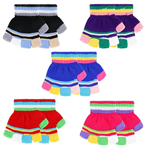 QKURT 5 Pairs Kids Fingerless Gloves Children Winter Knit Glove Warm Colorful Striped Stretch Magic Glove for Boys Girls Ages 3-7 years for Texting