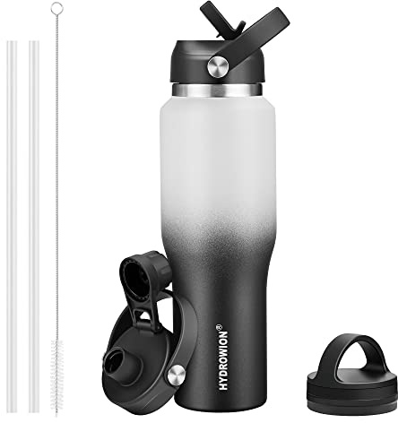 HYDROWION Isolierte Wasserflasche, 900 ml, Wasserflasche mit Strohhalm-Deckel, doppelwandig, auslaufsicher, 900 ml Vakuumflasche (kalt für 48 Stunden, heiß für 24 Stunden), passt in jeden