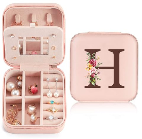 Reise Schmuckkästchen Klein mit initialen H und Blume, Schmuckaufbewahrung für Damen PU-Leder, Mini Schmuckschatulle Schmuckkasten für Damen Mädchen Geschenk für Geburtstag, Weihnachten, Muttertag