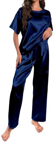 HANERDUN Pijama Mujer de Seda Verano Primavera Stitch 2 Pcs Conjunto de Satén Camisa de Manga Corta Pantalones