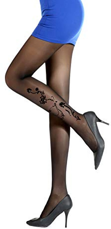 PrettyLoveHose Collant Voile Noir Effet Tatouage Fleur Rosier Strass