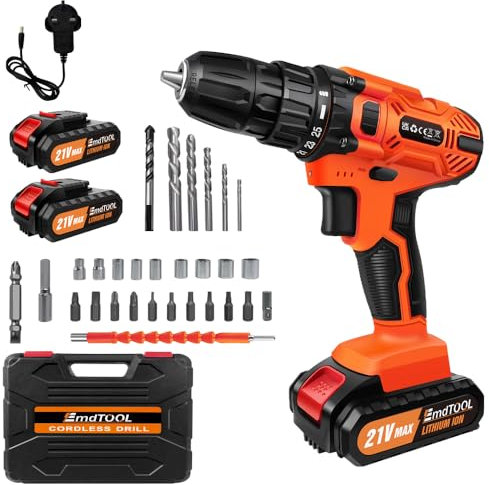 21V Cordless Power Drill with 2 Batteries 1500mAh 45N.m Max Electric Screwdriver Drill Set 2 Speed Hammer Drill, 25+1 Torque, 3/8 Keyless Chuck Driver Tool with 26 Drill Bits,1 Kitbox,Fast Charger