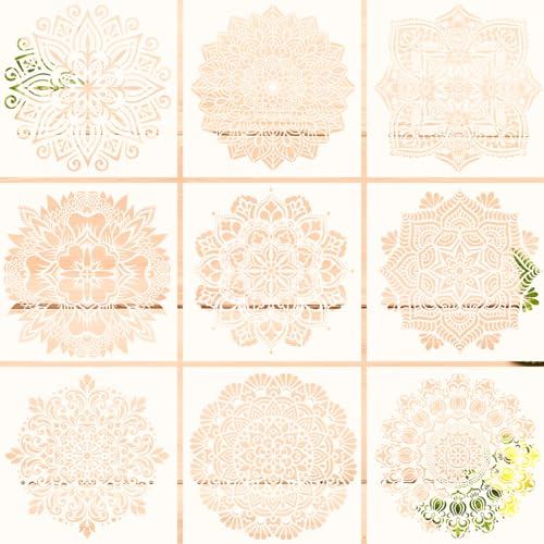 Pilikoll 9 Piezas 30x30cm Grande Mándala Stencils Plantillas Pintura Plantillas de Mandala Reutilizable DIY Mandala Dot Painting Template para Suelos, Ventana, Muebles, Madera, Diseño de Paredes