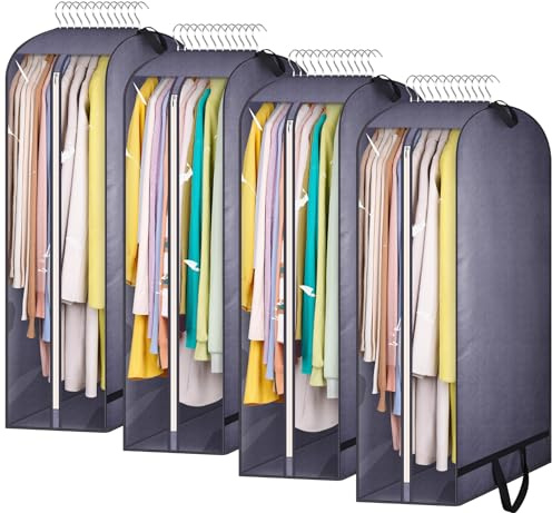 KIMBORA 10 Gusseted Clear Garment Bags for Hanging Clothes Storage, 43 Suit Bags for Closet Storage with Handles, Garment Covers for Coats, Jackets, Sweaters (4 Packs, Grey)