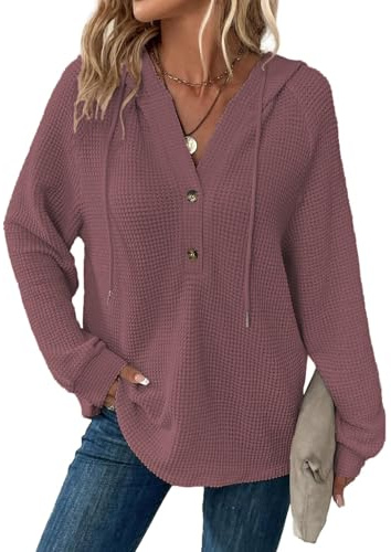 Cuptacc Huvtröja för damer, med våffelstruktur, ledig hoodie med knappslå, v-ringad sweatshirt med dragsko. långärmad damtröja med huva