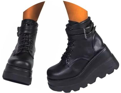 Agiyenna Bottines à Plateforme Gothique Punk pour Femme Bottes de Motard à Tige Courte à Lacets en Cuir PU avec Boucle Bottes D'hiver Unies ou Colorées Compensées Décontractées avec Fermeture Éclair
