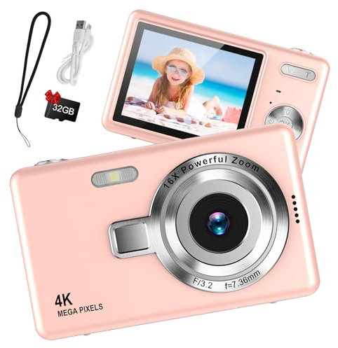 Digitalkamera 1080P FHD Kompaktkamera 44MP Kamera mit 2,4“ LCD Bildschirm 16X Digitalzoom Einfache Vlogging Tragbare Digitalkamera mit 32gb SD Karte für Kinder Teenager Studenten Anfänger (Rose)