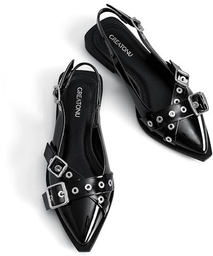Greatonu Women's Slingback Flats for Women Ballerina Shoes Studs Buckle Flat Shoes Cross Strap Closed Toe Sandals Pointed Toe Ballet Flats Casual Party Dressy Shoes
