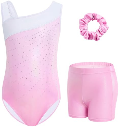 Gogokids Gymnastiktrikå för flickor, sluttande axlar, barn, dans, unitard, biketard med shorts för 3-12 år, C-rosa, 8-9 �r