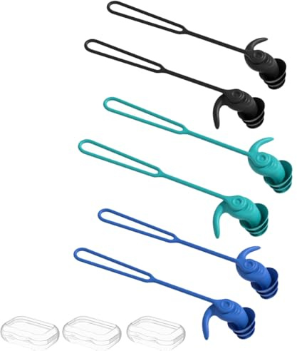 Swimming Ear Plugs for Adults,3 Pairs Anti-Lost Waterproof Reusable Silicone Swim Earplugs for Swimming Showering Surfing Snorkeling (Black,Blue,Cyan, Adults Size)