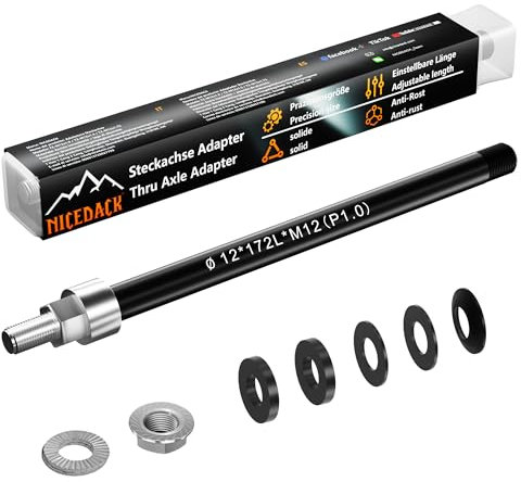 NICEDACK Asse a innesto M12 x 1,0-160-172 mm con adattatore per rimorchio bicicletta, compatibile con mozzi 142-148, lunghezza gambo regolabile