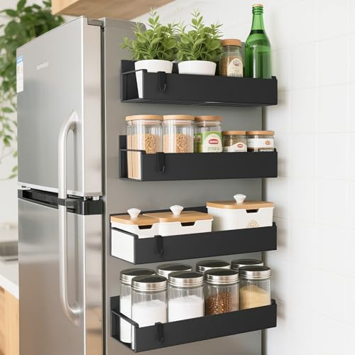 OUUTMEE 4er-Pack magnetischer Gewürzregal-Organizer für Kühlschrank und Backofen, bewegliches magnetisches Gewürzregal zum Aufhängen in der Küche mit 4 Haken, schwarz