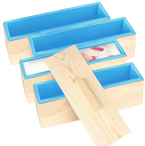 Lot de 4 Moules à Savon Rectangulaires en Silicone 1200 ml avec Boîte en Bois et Couvercle, Moules Souples pour Fabrication DIY de Savon et Bougies, Bleu