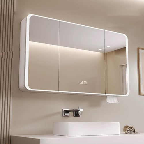 Mbbpftse Aluminum Spiegelschrank Bad mit LED Lighting, 3 Adjustable Light Colors, Badezimmer Spiegelschrank mit Defogging Function, Badspiegelschrank Touch Sensor Switch (Weiß, 120cm/47.2in)