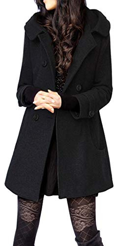 Tanming Women's Hooded Wool Blend Coat Mid Long Peacoats(Black-M)