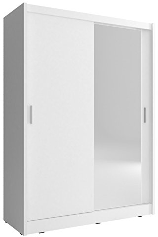 Kleiderschrank mit Spiegel Schwebetürenschrank 2-türig mit Einlegeböden und Kleiderstange Schlafzimmer- Wohnzimmerschrank Schrank Gaderobe Schiebtüren Borneo A1 (Weiß, 130 cm)